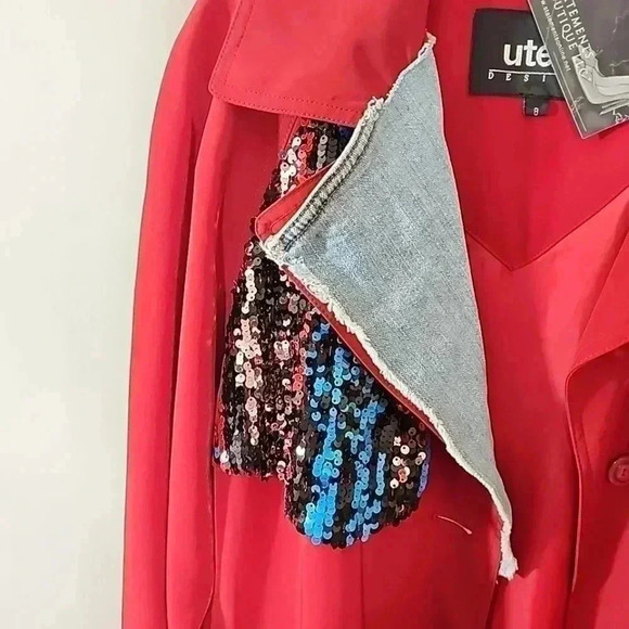 Customized By Statement Boutique Denim and sequin trench coat. Size 8 - Picture 5 of 12